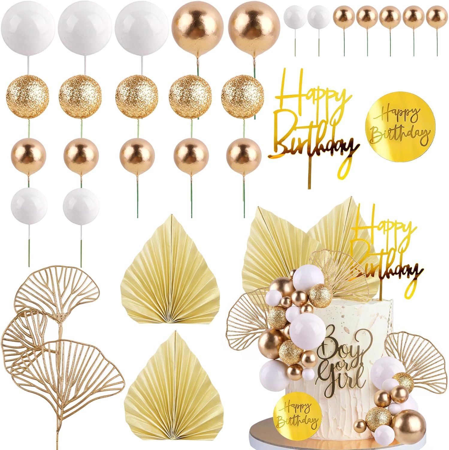 Confetti Balloon Set - White Gold Balls Cake Toppers with