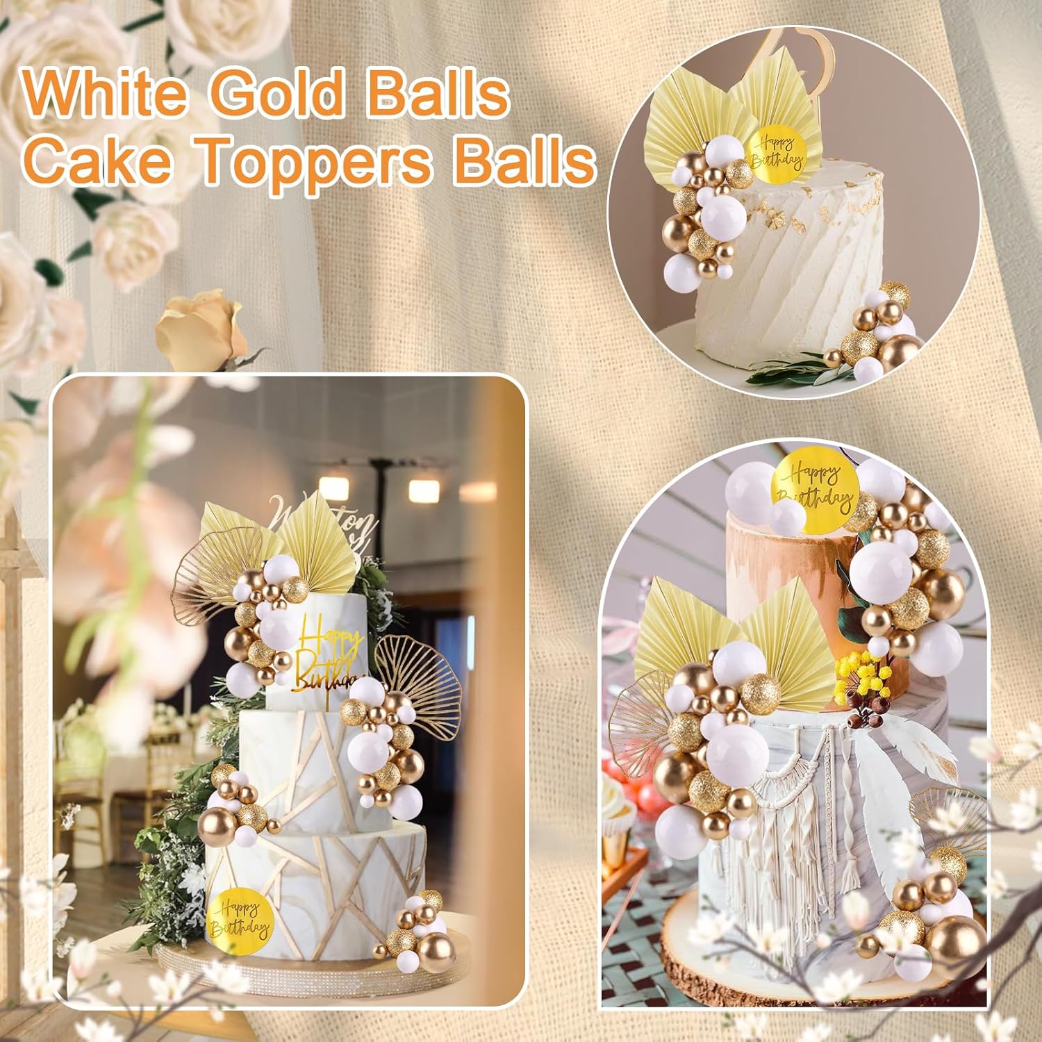 White Gold Balls Cake Toppers  - Confetti Balloon Set 评论和价格
